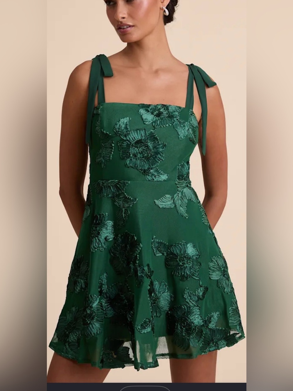 Lulus Dark Green Floral Applique Tie-Strap Mini Dress Lulus Size Medium